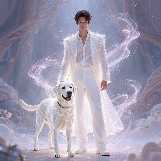 Photorealistic CGI of a young man in a glowing white suit and glasses, standing with a white Labrador, surrounded by ethereal light swirls in