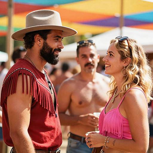 Photograph of a bearded man in a red fringe shirt and cowboy hat smiling at a blonde woman in a pink fringe top at a colorful outdoor festival