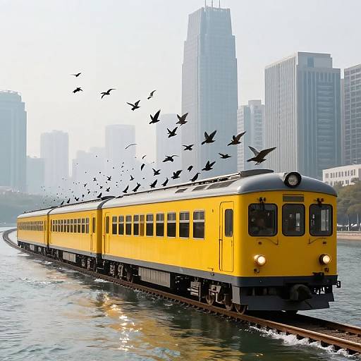 Photograph of a bright yellow train with black roof and windows, crossing a river with a flock of black birds flying overhead, surrounded by modern skyscrap