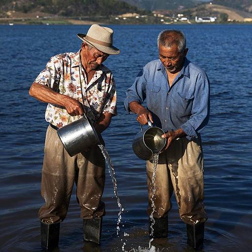 Elderly Men at Lakeside Watering Scene
