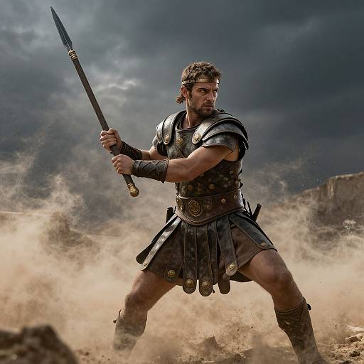 Photograph of muscular warrior with dark hair, beard, and intense expression, holding sword, wearing ancient Greek-style armor, in dusty, stormy desert