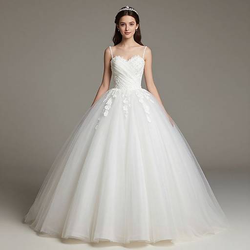 Photograph of a young woman wearing a white, strapless, lace-embellished wedding dress with a full tulle skirt and a silver ti