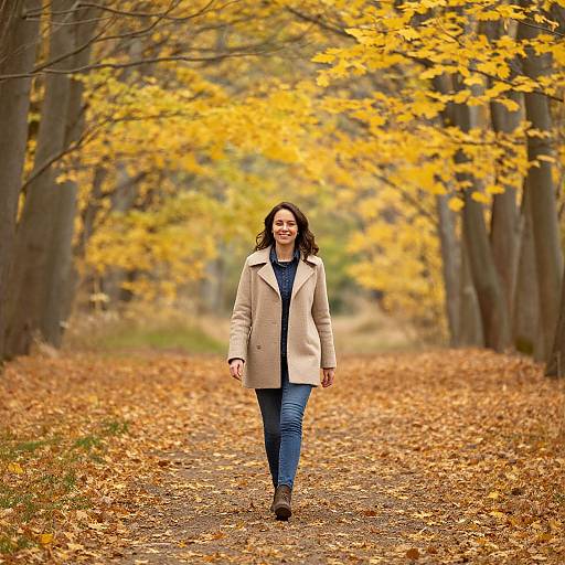 Photograph of a smiling woman with long brown hair, wearing a beige coat, blue jeans, and brown boots, walking down a leaf-covered autumn path