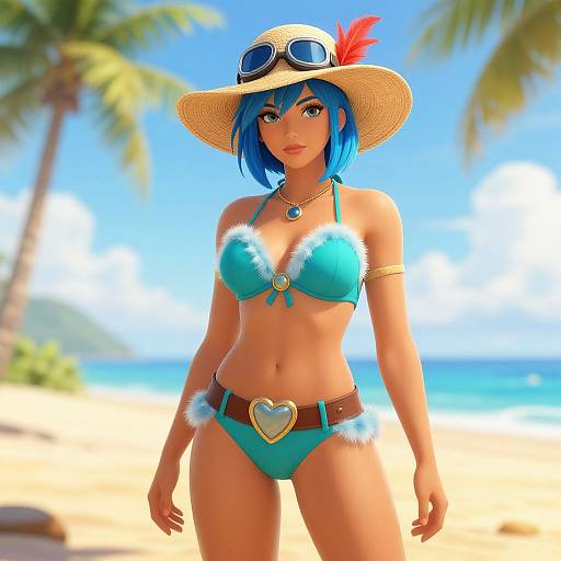 Digital artwork of a blue-haired woman in a turquoise fur-trimmed bikini, straw hat with red feather, and heart-shaped belt, standing on a