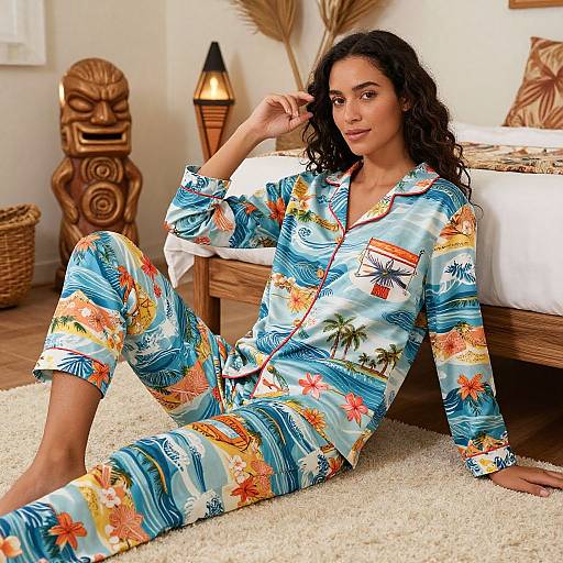Photograph of a curly-haired woman in colorful, tropical-patterned pajamas, sitting on a beige rug in a bright, wooden-furnished bedroom.