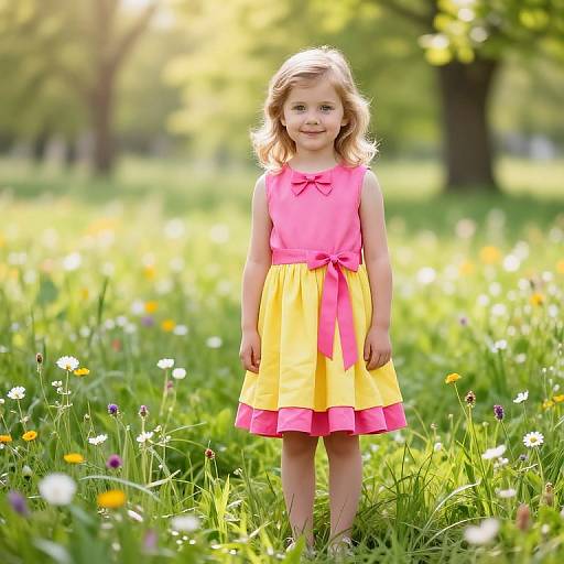 Photograph of a smiling young girl with wavy blonde hair, wearing a pink and yellow dress, standing in a sunlit meadow with colorful wild