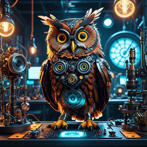 High-Tech Owl Inventor in Steampunk Lab