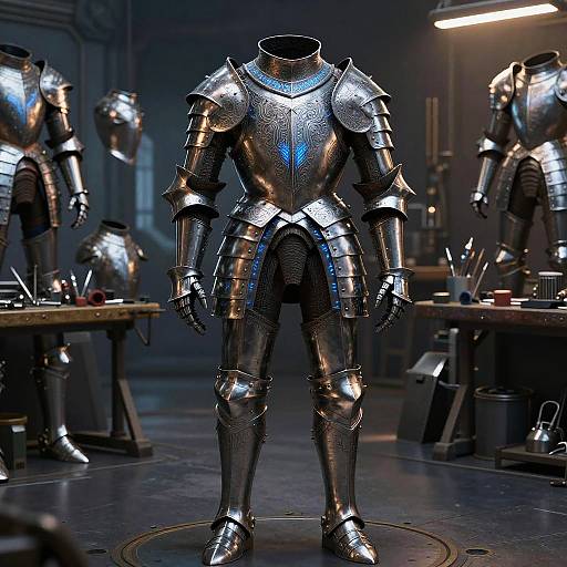Photograph of a fully-armored, headless, silver metallic knight statue in a dimly lit workshop, surrounded by similar armors and tools.