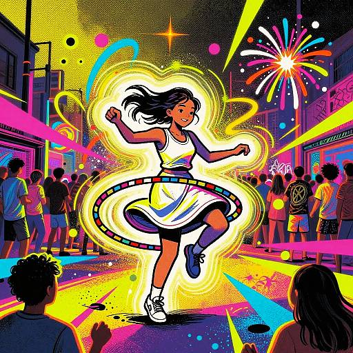 Energetic Girl Hula Hooping at City Block Party