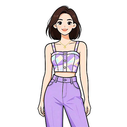 Digital anime-style drawing of a smiling woman with short black hair, wearing a purple and white geometric crop top and high-waisted lavender pants.