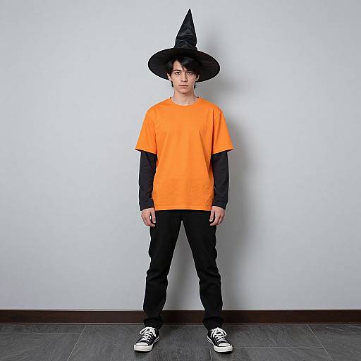 Photograph of a young boy with pale skin, black hair, wearing an orange T-shirt, black pants, black sneakers, and a pointed witch hat