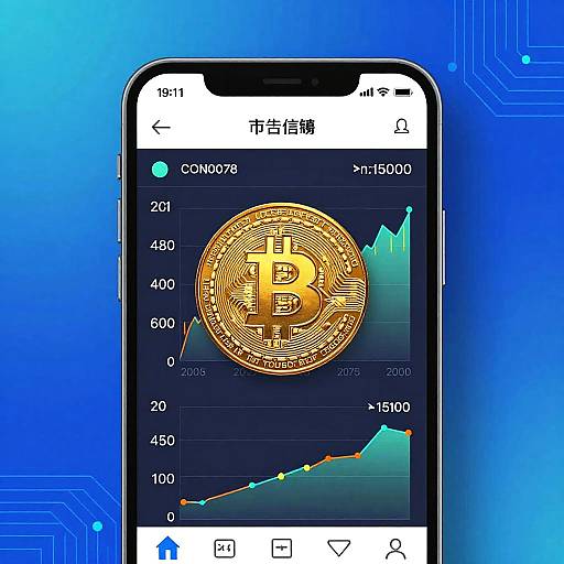 Photograph of a smartphone displaying a Bitcoin chart with a gold coin icon, against a blue gradient background.