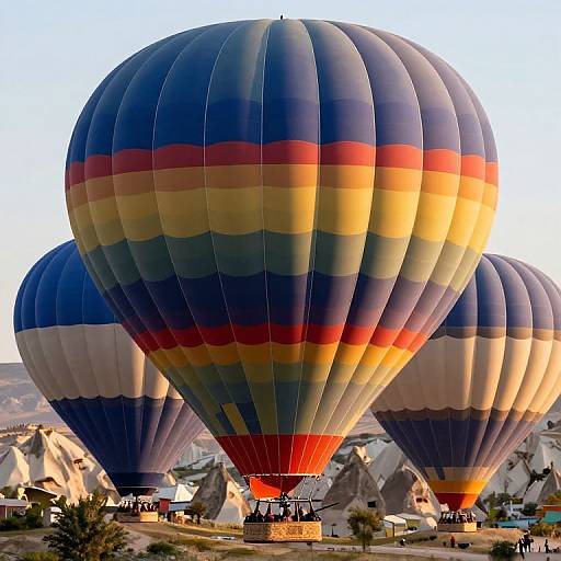 Photograph of two large, colorful hot air balloons with blue, yellow, orange, and red stripes, soaring over rocky hills with a group of people