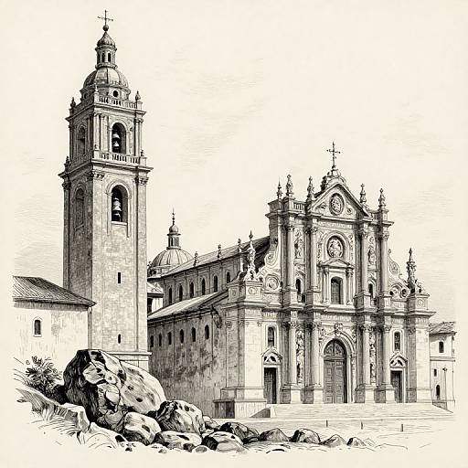 Monochrome ink drawing of a baroque-style church with a tall bell tower, detailed façade, and rocky foreground. Architectural elements include ornate