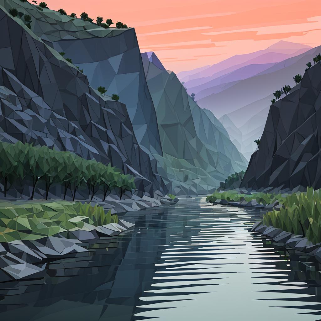 Misty Twilight over a Low-Poly Riverbank