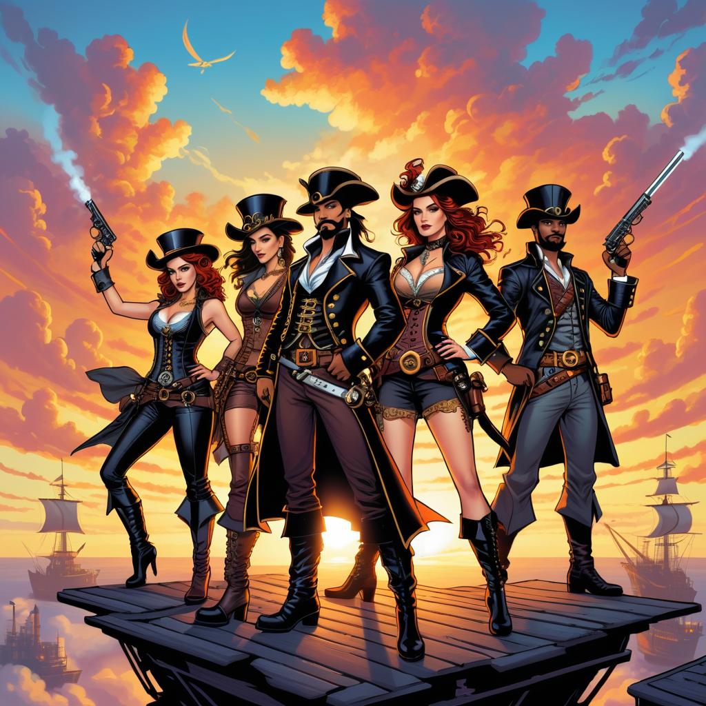 Steampunk Sky Pirates in Energetic Sunset