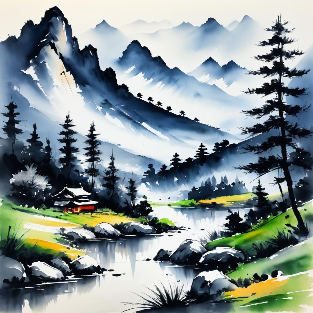 Serene Ink Landscape of Majestic Mountains