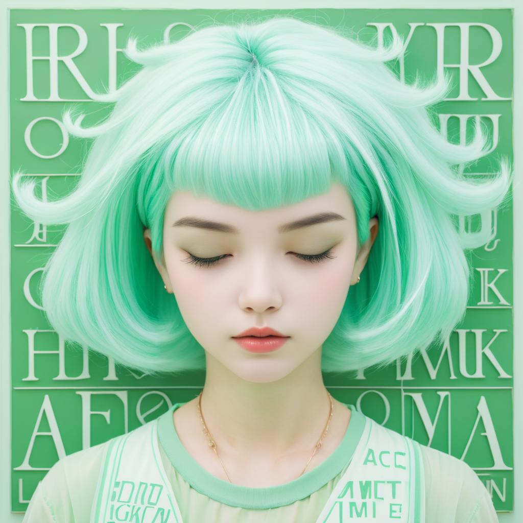 Mint Green Hair Girl in Vintage Style