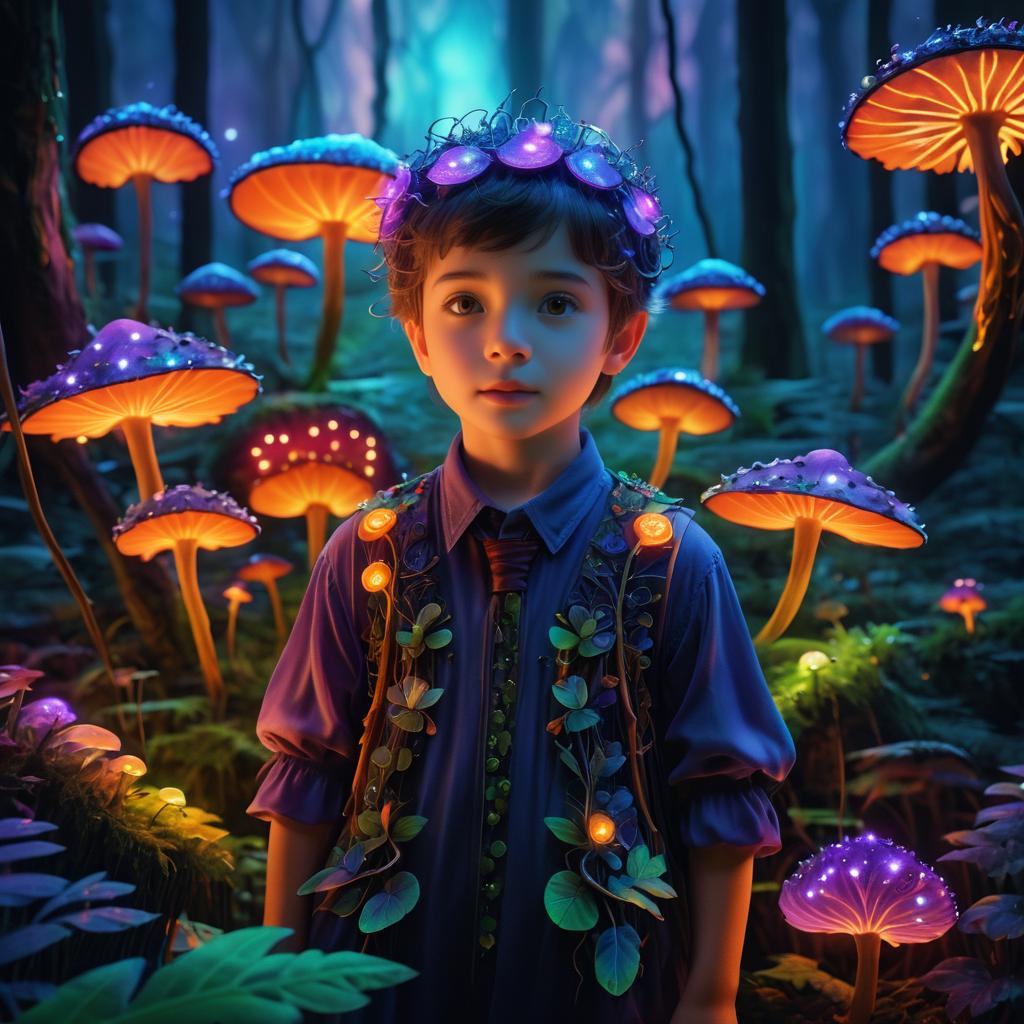 Whimsical Firefly Boy in Enchanted Forest