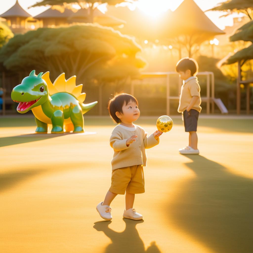 Joyful Child with Dinosaur in Sunlight