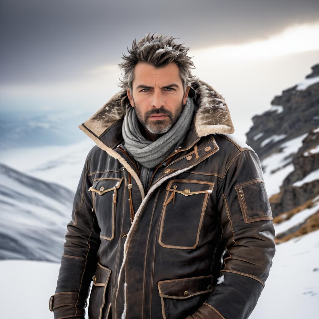 Rugged Explorer on Snowy Mountain Peak