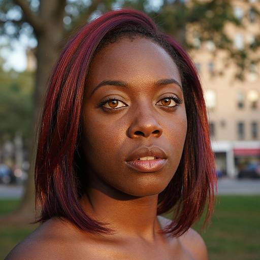 Photograph of a beautiful, dark-skinned woman with straight, red-brown hair, glossy lips, and brown eyes, standing outdoors with a blurred