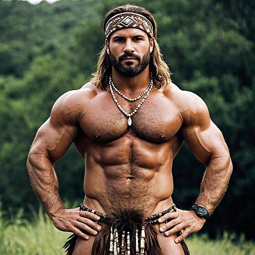 Muscular Caveman Male in Tribal Outfit