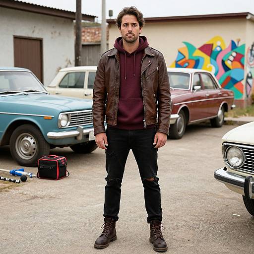 Photograph of a bearded man with dark hair, wearing a brown leather jacket, maroon hoodie, black jeans, and boots, standing in a