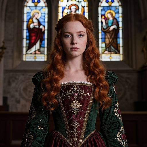 Photograph of a fair-skinned, red-haired woman with blue eyes in an ornate, dark green Renaissance dress, standing in front of colorful,