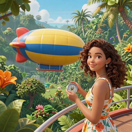 Curly-haired woman in a floral dress holding a watch, stands on a jungle bridge with a colorful airship in the background. Digital art.