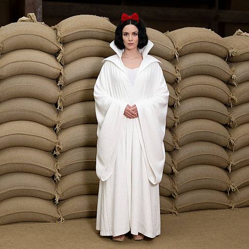 Photograph of a pale-skinned woman with black hair, wearing a white robe and red bow, standing in front of stacked, beige burlap