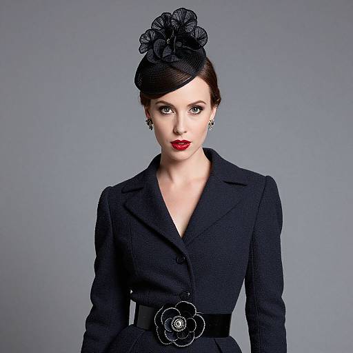 Photograph of a fair-skinned woman with red lipstick, dark brown hair in an elegant updo, wearing a black textured blazer and fascinator
