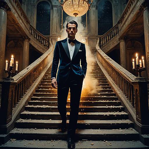 Male Model in Velvet Suit on Grand Staircase