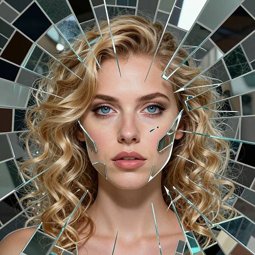 Photograph of a blonde woman with blue eyes and curly hair, surrounded by shattered glass fragments in a dark background.