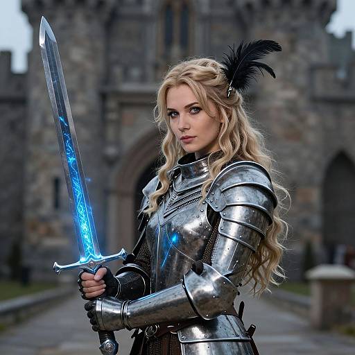 Photorealistic digital art of a blonde, blue-eyed female warrior in silver armor with a glowing blue sword, standing before a medieval stone castle. Black