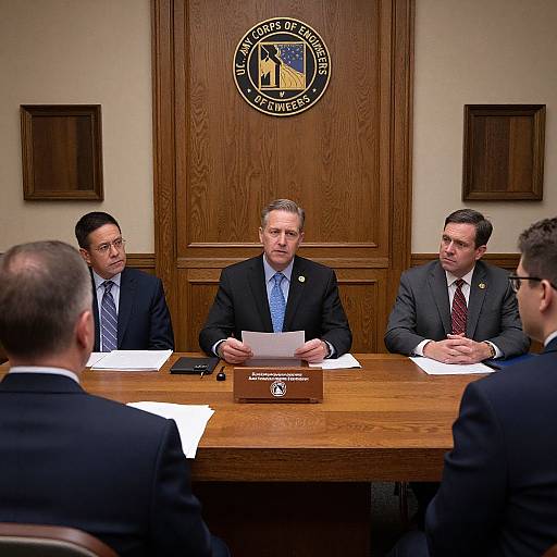 Photograph of five men in suits seated around a wooden conference table, with a New Jersey State Police emblem on the wooden wall behind them, engaged in