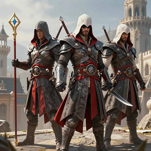 Trio of Hooded Assassins in Medieval Cityscape