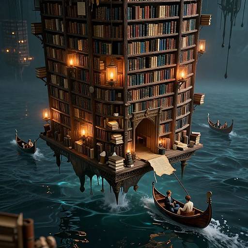 Floating Bookshelf City Over Ink Ocean