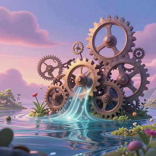 CGI image of large, glowing, interlocking gears rising from a reflective, flower-adorned pond at sunset, with pastel clouds and a