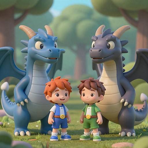 Children and Cartoon Dragons in Forest