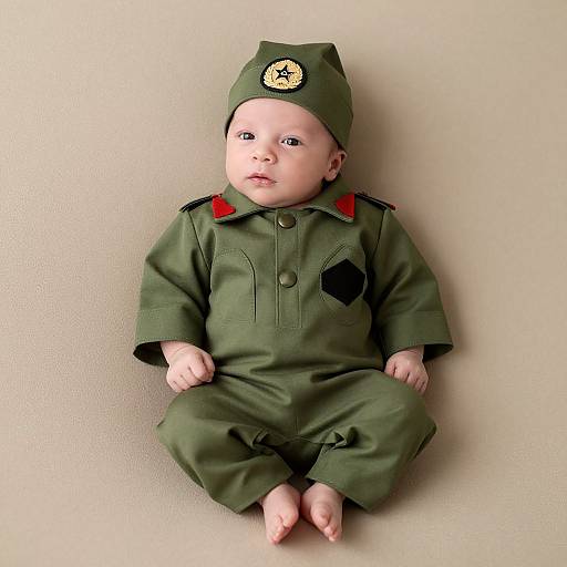 Photograph of a baby wearing an olive green military-style outfit with red epaulettes, a matching cap, and bare feet, sitting against a