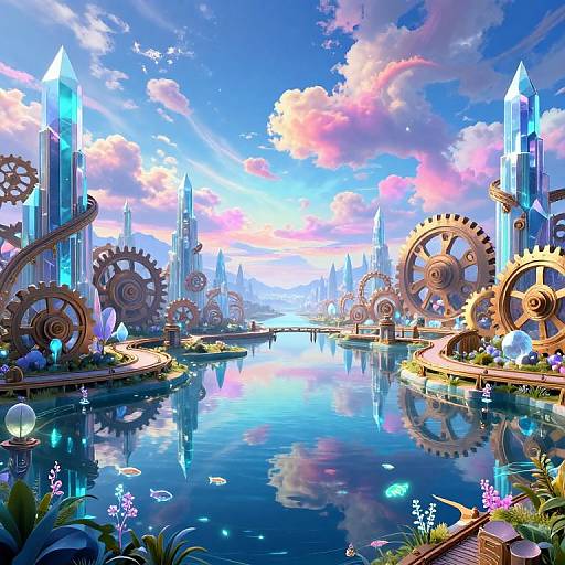 Vibrant digital artwork of a futuristic cityscape with glowing crystals, large gears, and a reflective waterway under a colorful, cloudy sky.