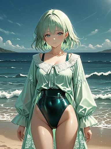 Woman in Retro High-Waist Swimsuit by the Ocean