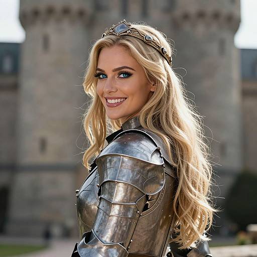 Photorealistic digital art of a smiling blonde woman in shiny silver armor, wearing a tiara, with a medieval castle in the background.
