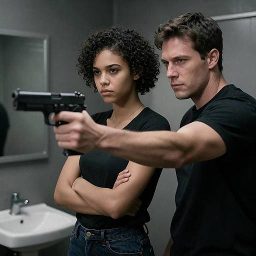 Tense Duo in Dim Metallic Room