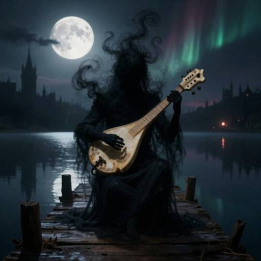 Eldritch Bard Playing Bone Lute on Moonlit Pier