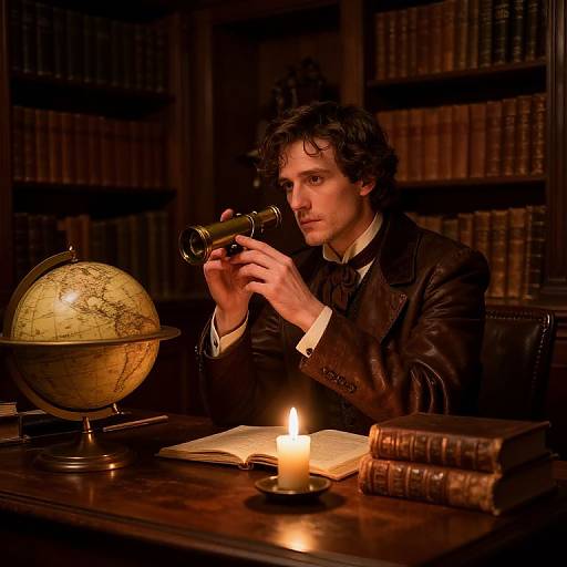 Photograph of a dark-haired man in a Victorian suit, holding a telescope, studying a globe, candlelit, book-filled library background.