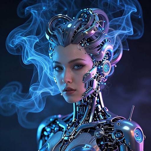 Cybernetic woman with glowing blue smoke, metallic head, and mechanical neck, against dark background. Digital art, futuristic, glowing blue accents.