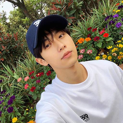 Young Man Selfie in Colorful Garden