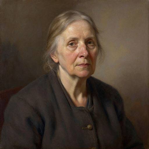 Photorealistic portrait of an elderly woman with gray hair, wearing a dark, buttoned blouse, against a muted brown background.